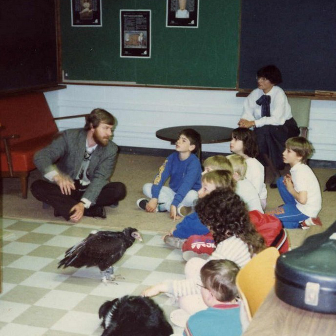 Dr. Bruce Hunter and Socrates the vulture visiting a school class.